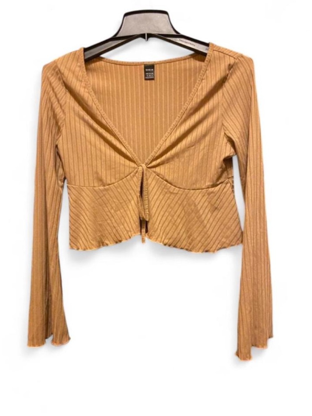 Tan Ribbed Tie-Front Long Sleeve Crop Top